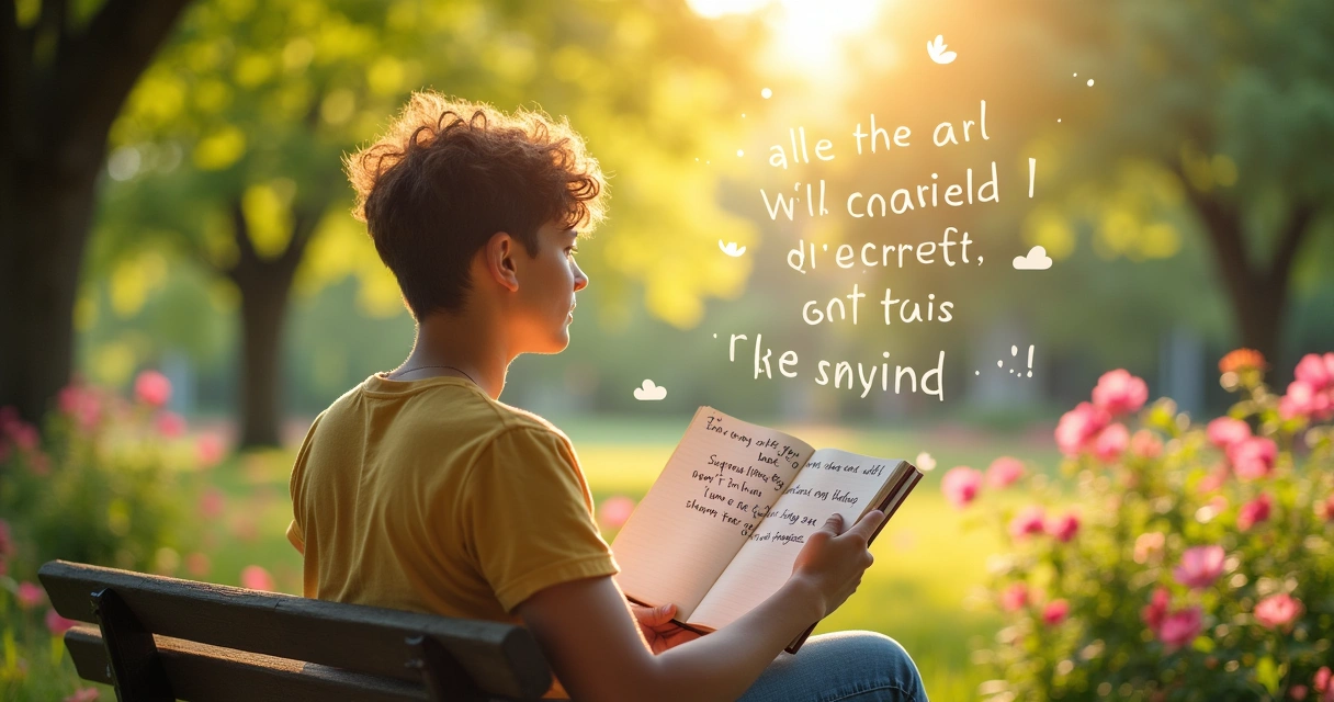 O que postar no Instagram? 10 ideias de conteúdo que funcionam em qualquer nicho 5 Uma pessoa em um parque segurando um caderno com frases inspiradoras ao seu redor, sob a luz do sol.