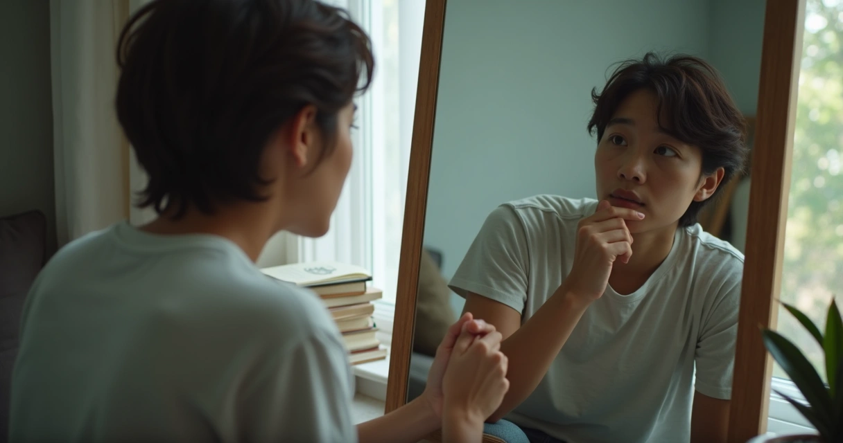 Pessoa olhando para o próprio reflexo em espelho, expressão de pensamento profundo 