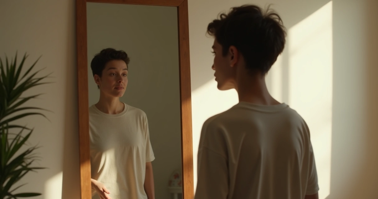 Pessoa em frente ao espelho vendo uma sombra protetora atrás de si 