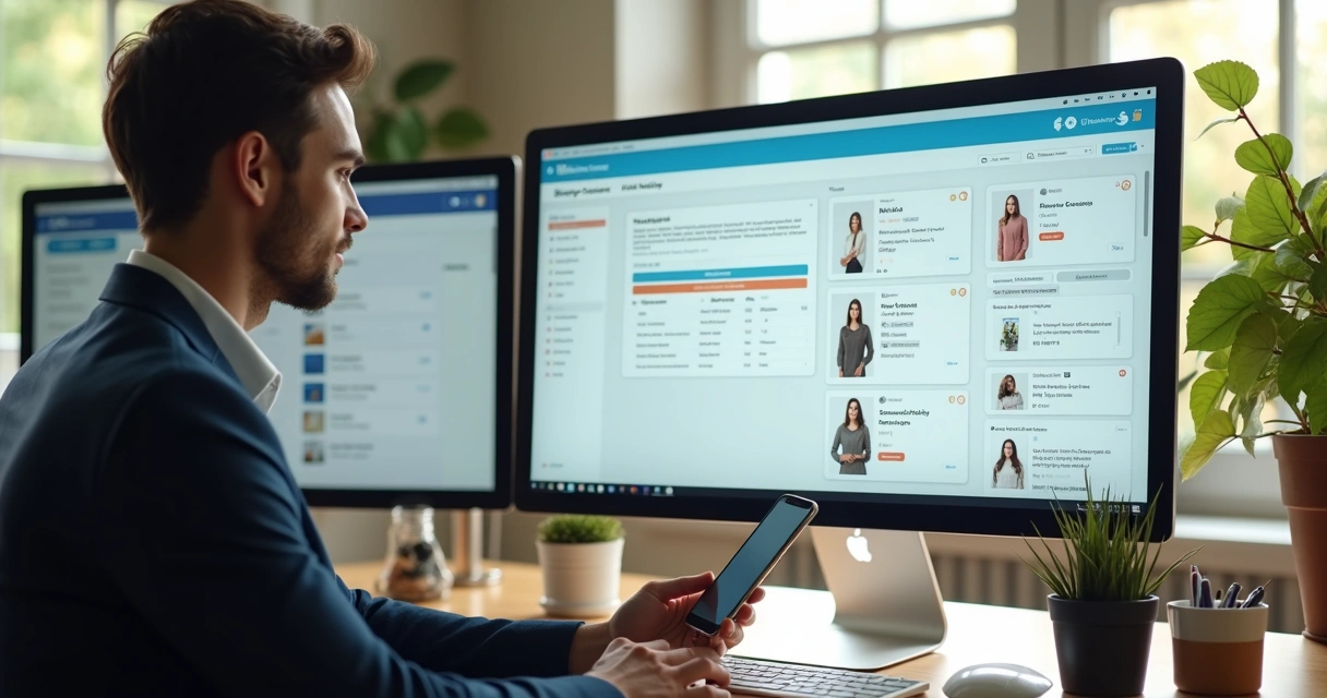 Empresário gerenciando pedidos em painel digital 