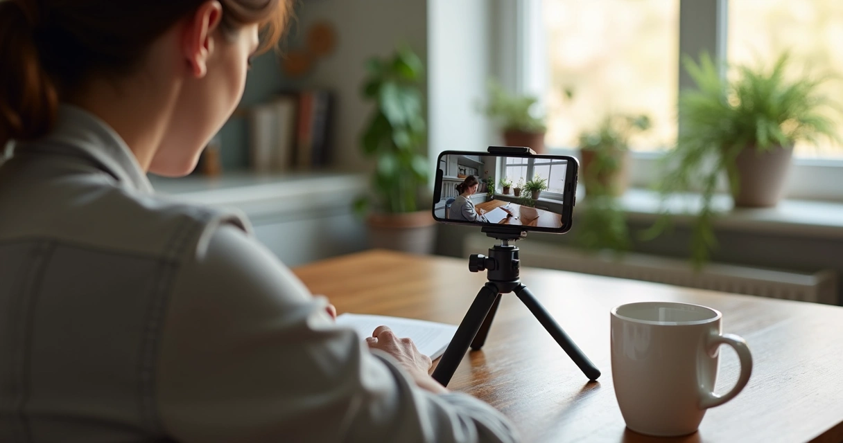 Pessoa gravando vídeo curto com smartphone em casa 