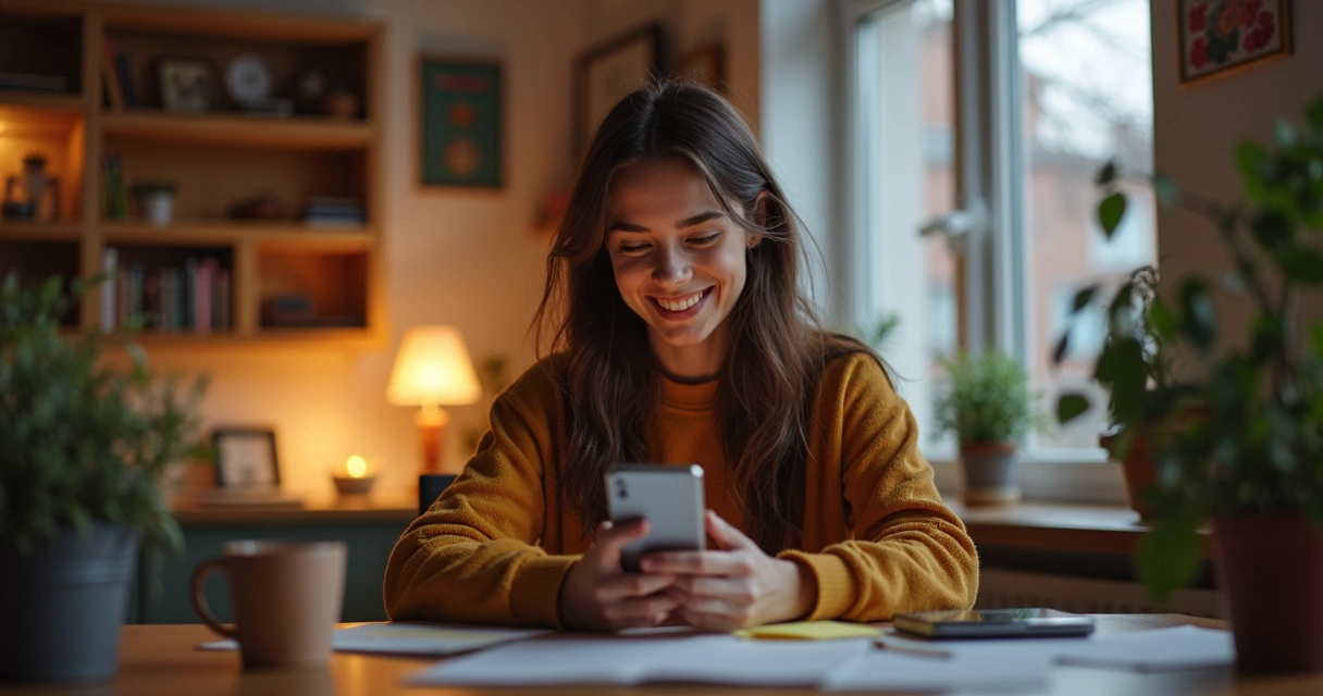 Pessoa olhando para tela do celular e sorrindo, conexão com conteúdo digital 