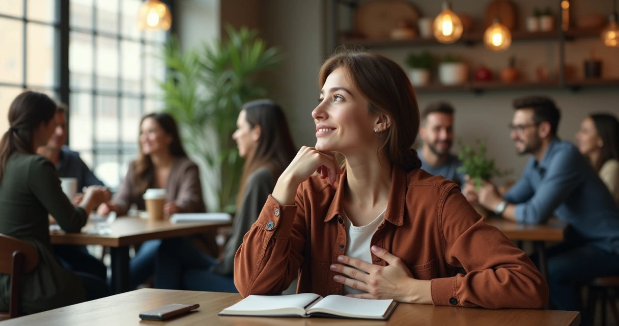Pessoa em ambiente social percebendo gatilho emocional com expressão reflexiva 