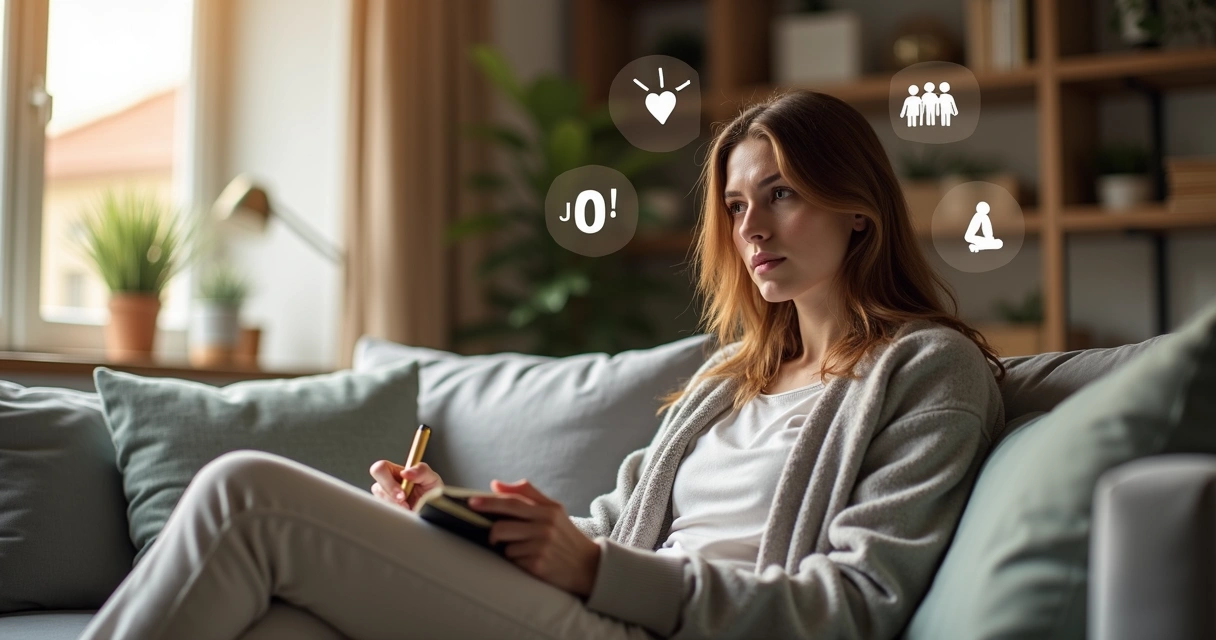 Pessoa sentada em reflexão com silhuetas de emoções ao redor 