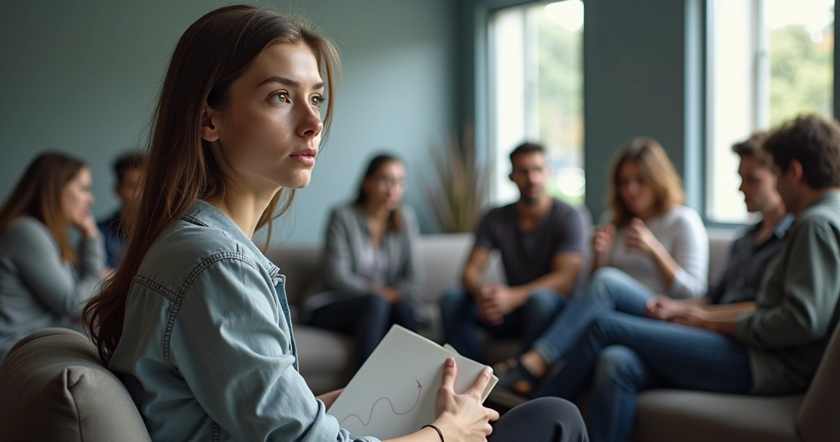 Pessoa observando grupo social com fios representando manipulação emocional 