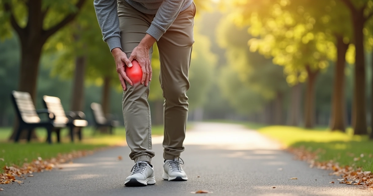 Pessoa idosa caminhando ao ar livre segurando o joelho com dor 