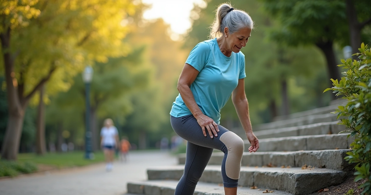 Mulher madura segurando o joelho dolorido ao subir escada, usando roupa confortável de caminhada 