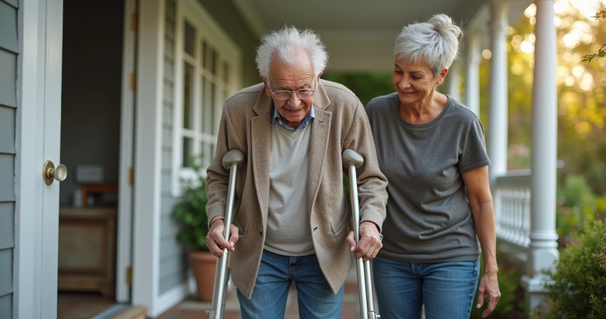 Pessoa idosa sendo amparada pela família ao sair de casa, usando muletas