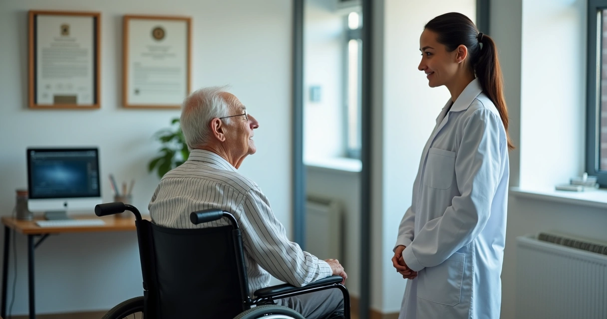 Pessoa idosa em cadeira de rodas sendo recebida por médico em consultório 