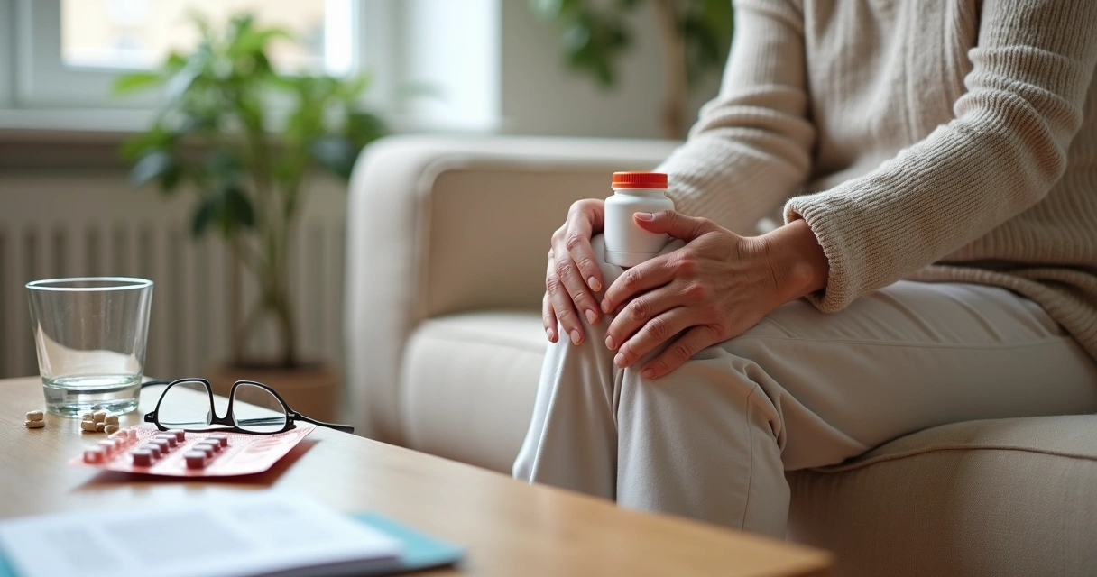Pessoa idosa sentada no sofá tocando o joelho dolorido enquanto segura um frasco de remédio na outra mão 