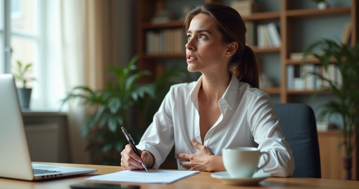 Mulher sentada com expressão pensativa ignorando desconforto corporal 
