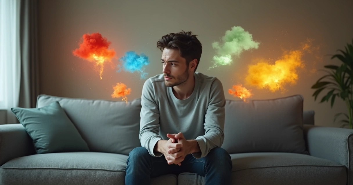 Pessoa olhando para baixo cercada por formas coloridas que simbolizam emoções reprimidas 