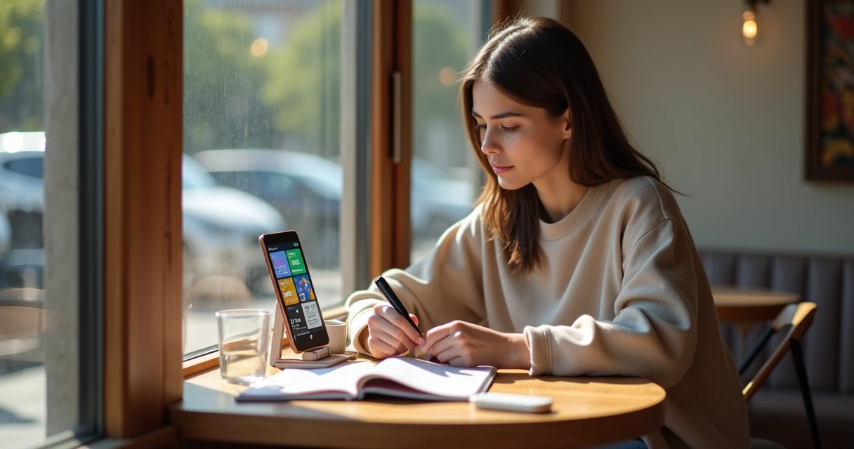 Pessoa em cafeteriavira o rosto evitando celular com anúncios promocionais 