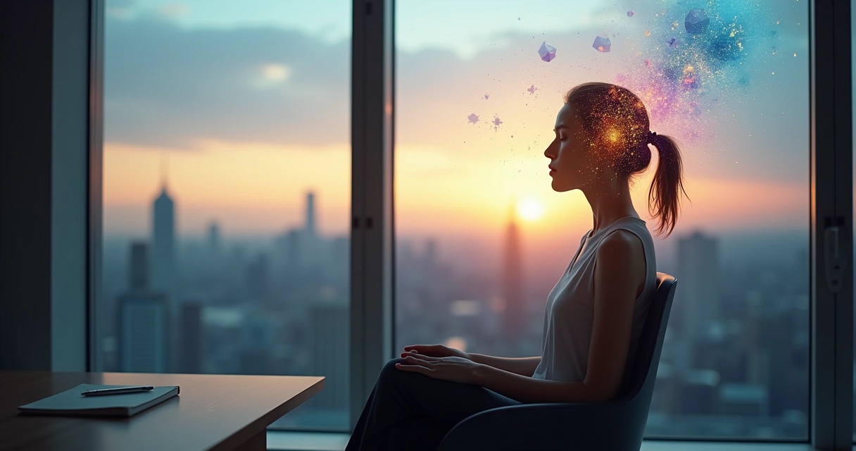 Pessoa meditando com formas criativas saindo da cabeça 