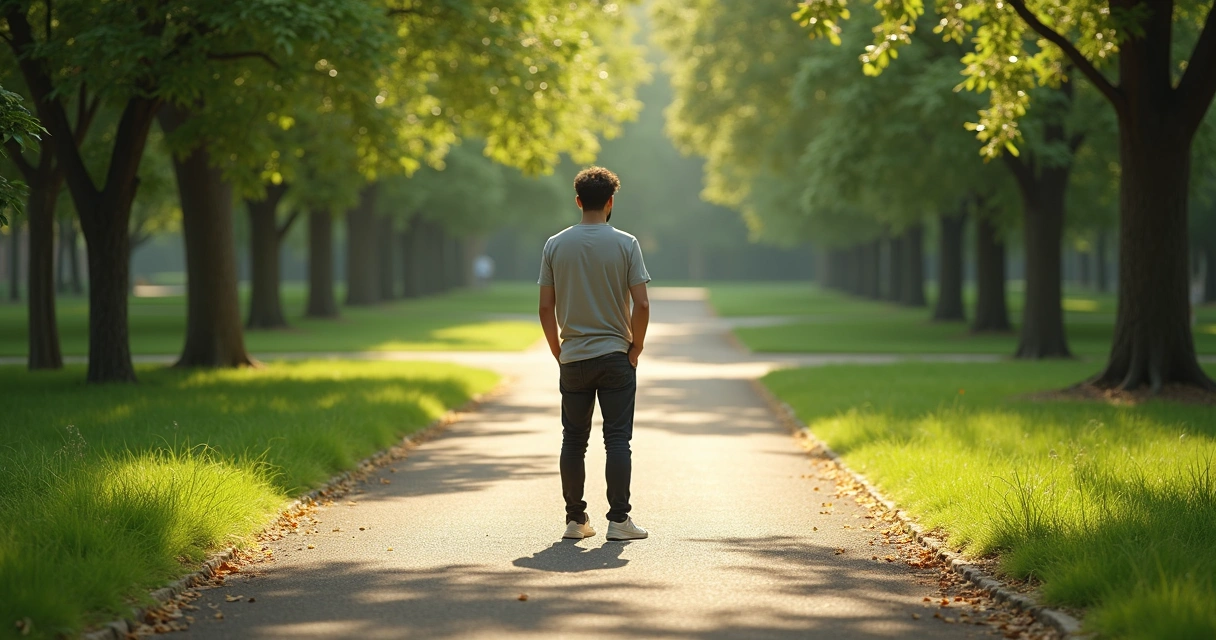 Pessoa parada diante de vários caminhos divergentes em um parque, parecendo indecisa. 