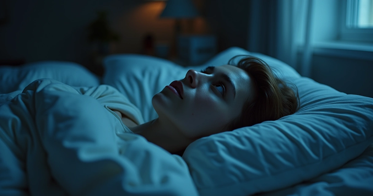 Pessoa deitada na cama de lado, acordada, olhando para o teto 