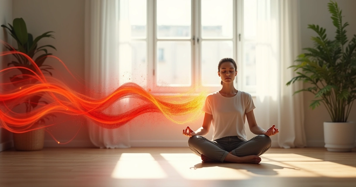 Pessoa sentada em meditação com onda vermelha parando diante dela 