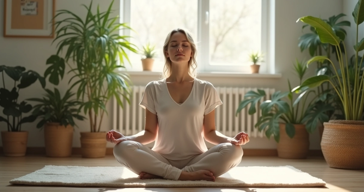 Pessoa introvertida sentada em posição de meditação em ambiente iluminado