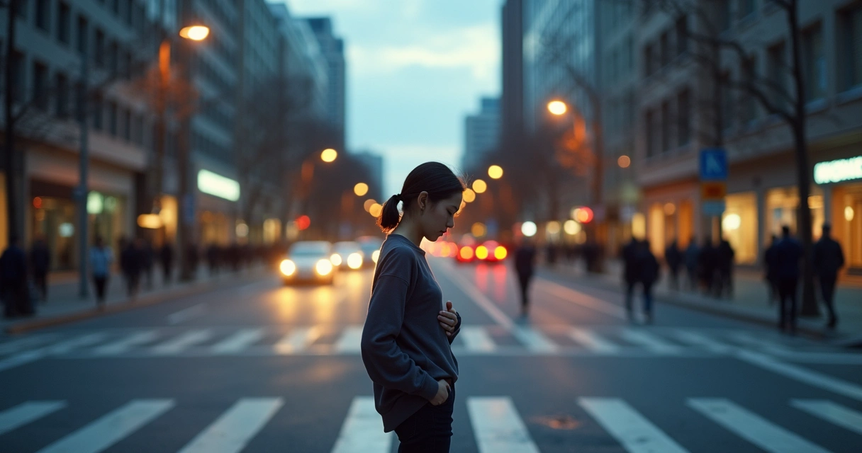Pessoa parada em cruzamento urbano com duas direções iluminadas de forma diferente 