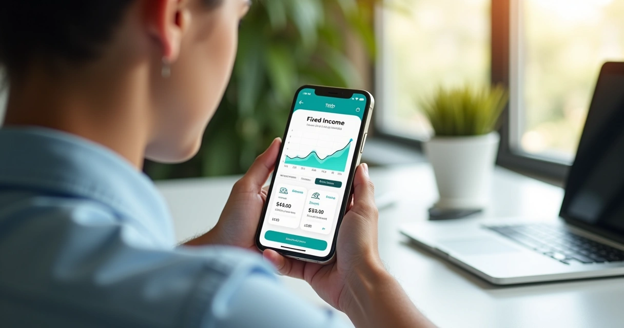 Pessoa usando aplicativo de investimento no celular com gráficos de renda fixa na tela
