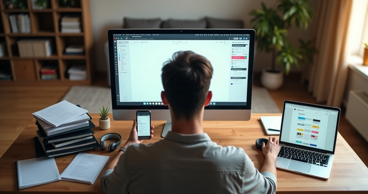 Pessoa desligando vários dispositivos para focar em uma única tarefa em mesa de trabalho organizada 