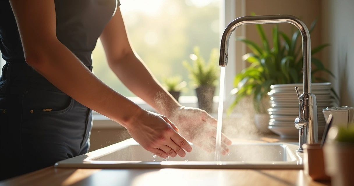 Pessoa lavando louça, concentrada na tarefa. 