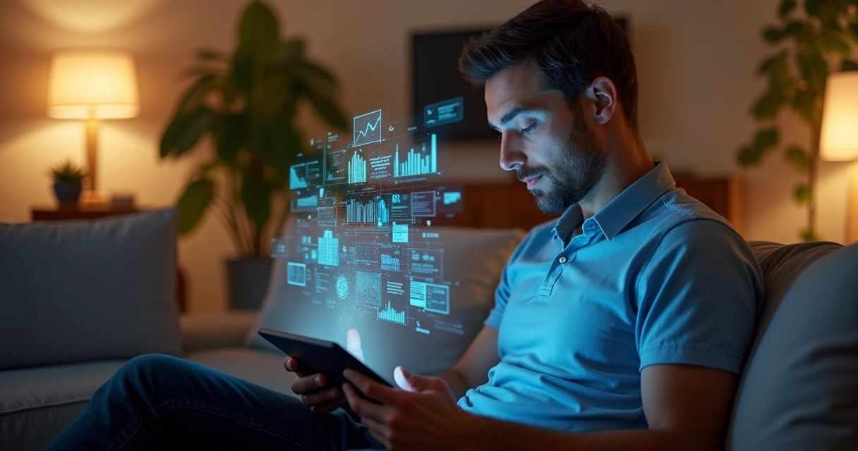 Homem lendo artigo digital em tablet 