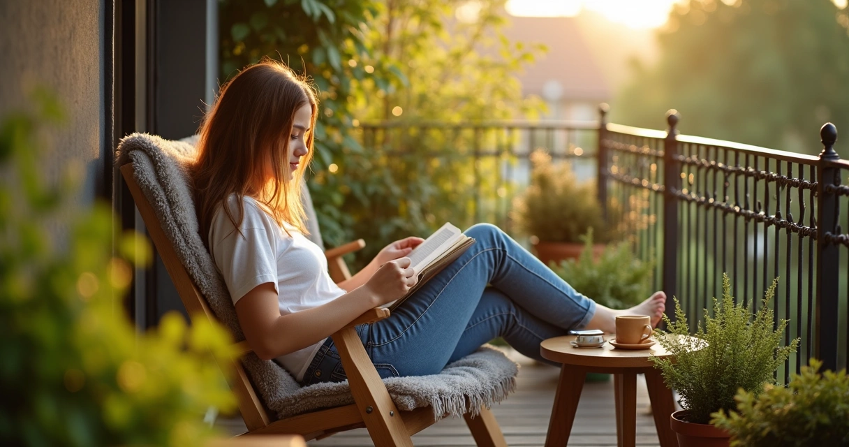 Pessoa relaxada lendo um livro na varanda 