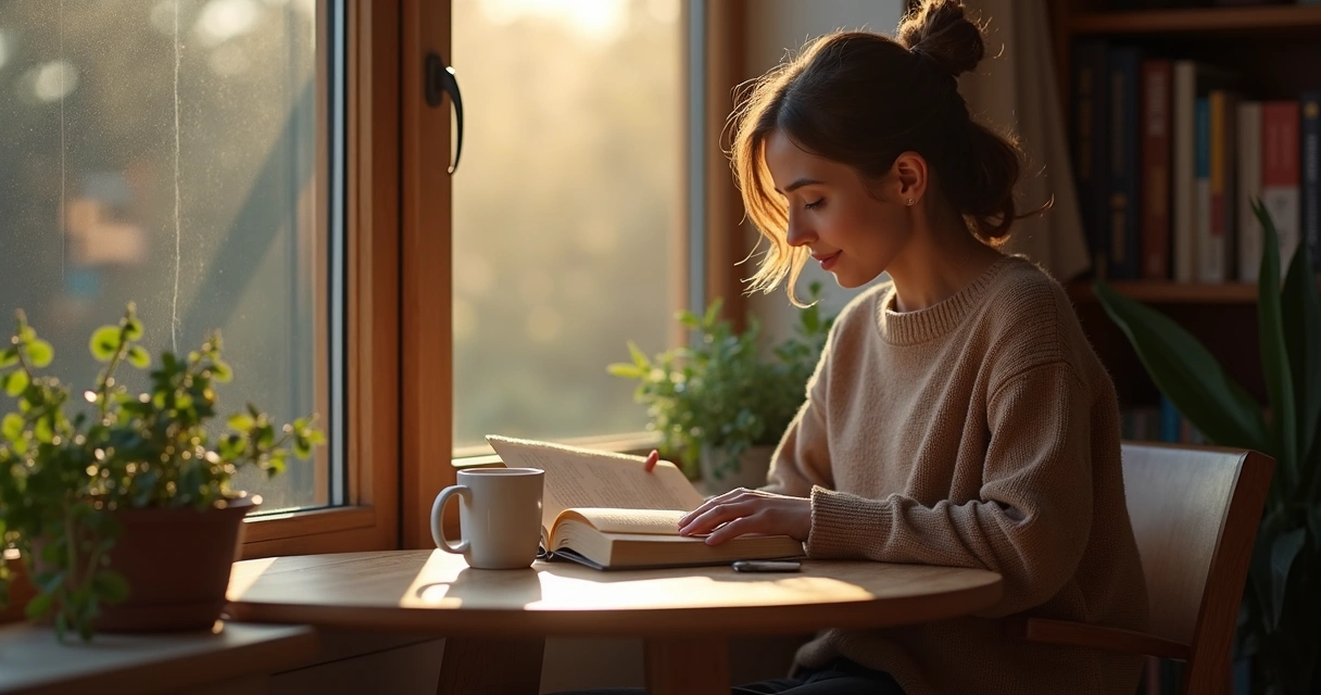 Pessoa lendo livro com xícara de café