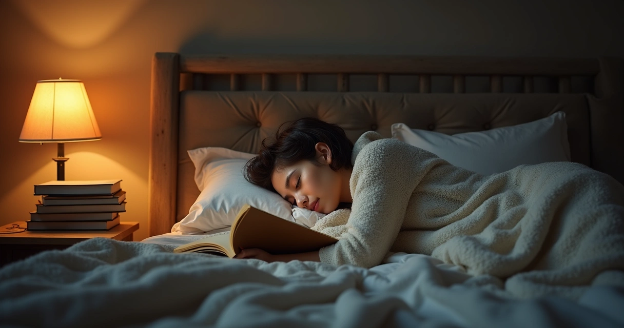 Pessoa lendo livro na cama, rodeada de livros 