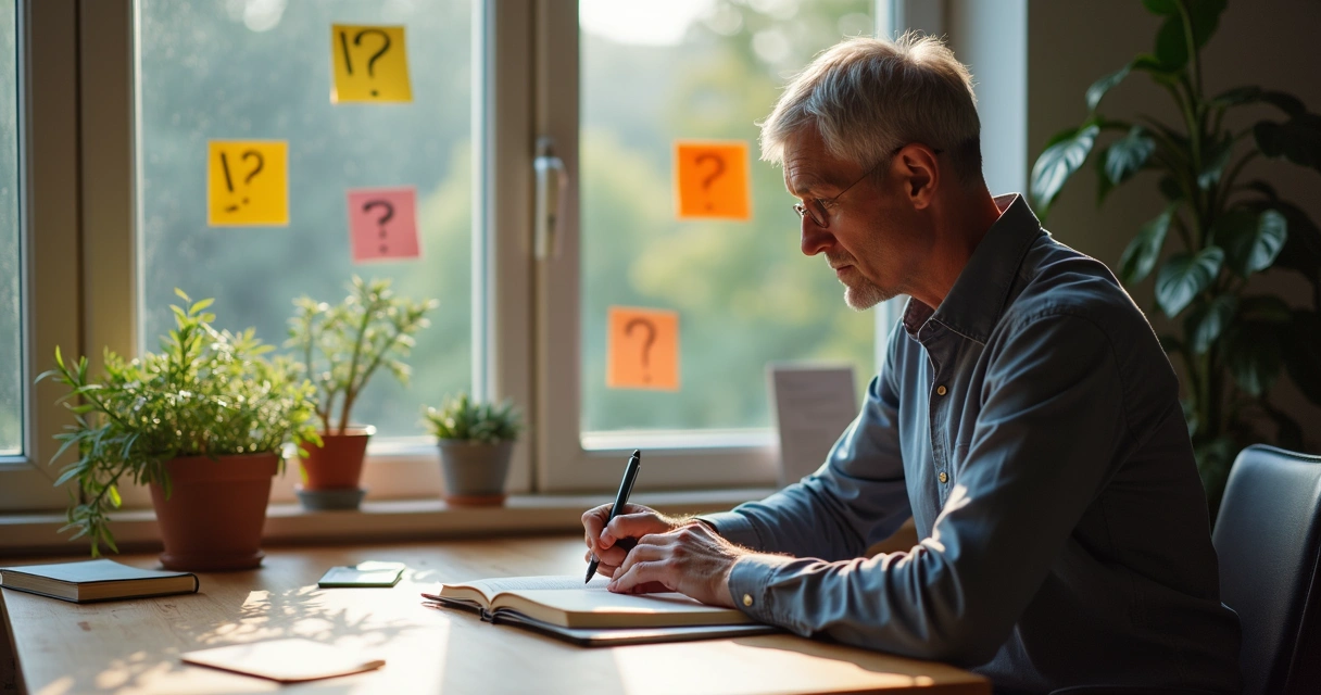 Pessoa lendo livro e pensando em perguntas diferentes 