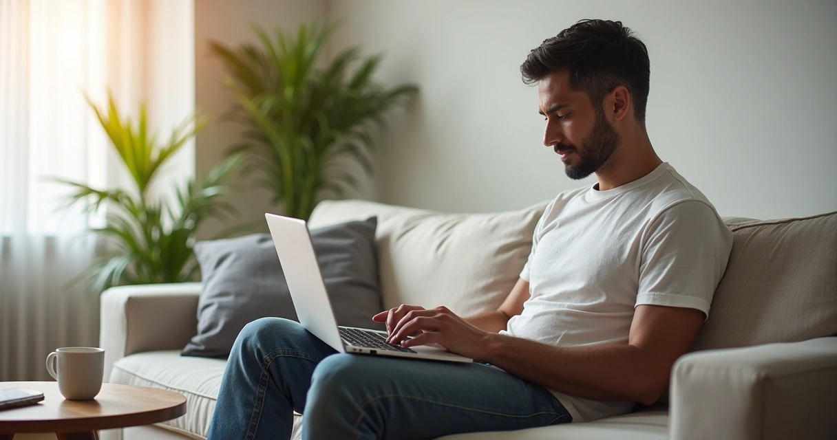 Pessoa sentada em sala tranquila lendo notícias no notebook com expressão serena 