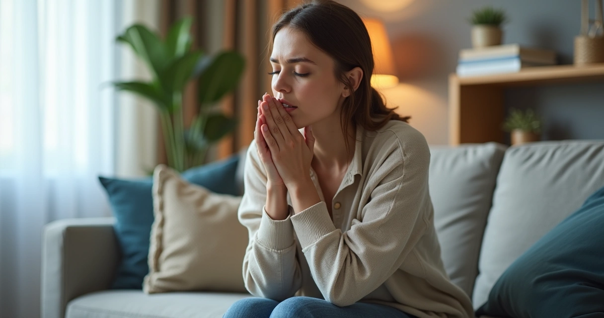 Pessoa sentada em sofá respirando fundo para lidar com frustração em casa 