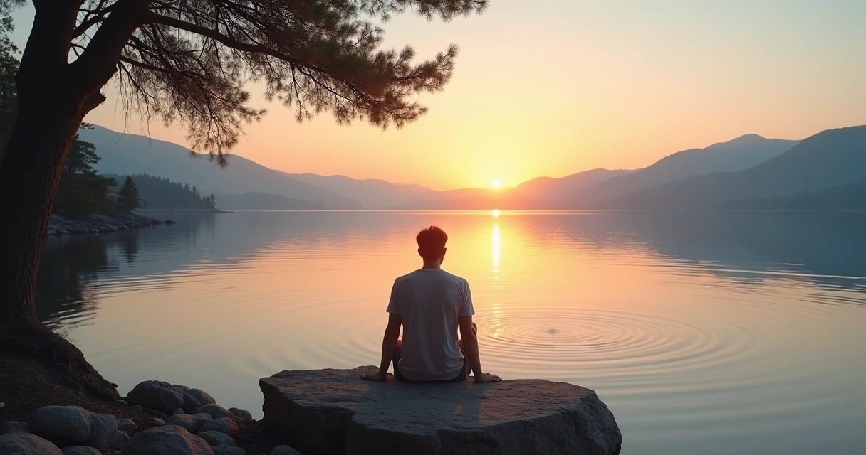 Pessoa sentada na beira de um lago ao pôr do sol em momento de reflexão 