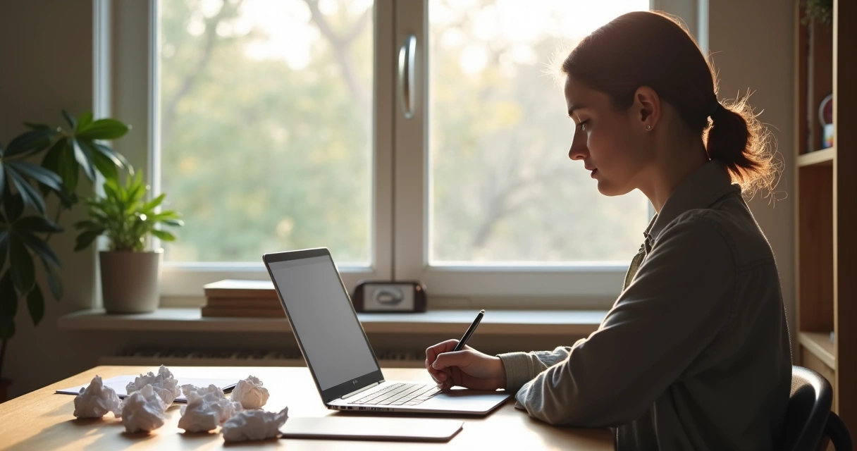 Pessoa sentada à mesa focada em anotar enquanto observa papéis amassados ao lado do notebook 