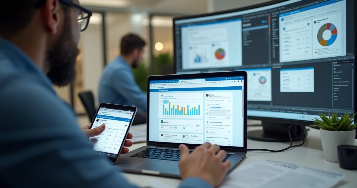 Profissional analisando métricas de postagens do LinkedIn em diferentes dispositivos 