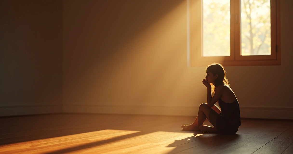 Pessoa sentada em local iluminado com expressão reflexiva 