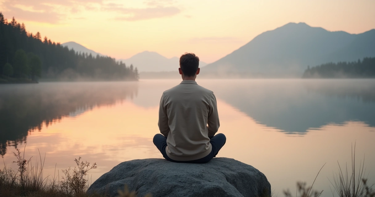 Adulto sentado em paisagem natural refletindo com expressão serena 