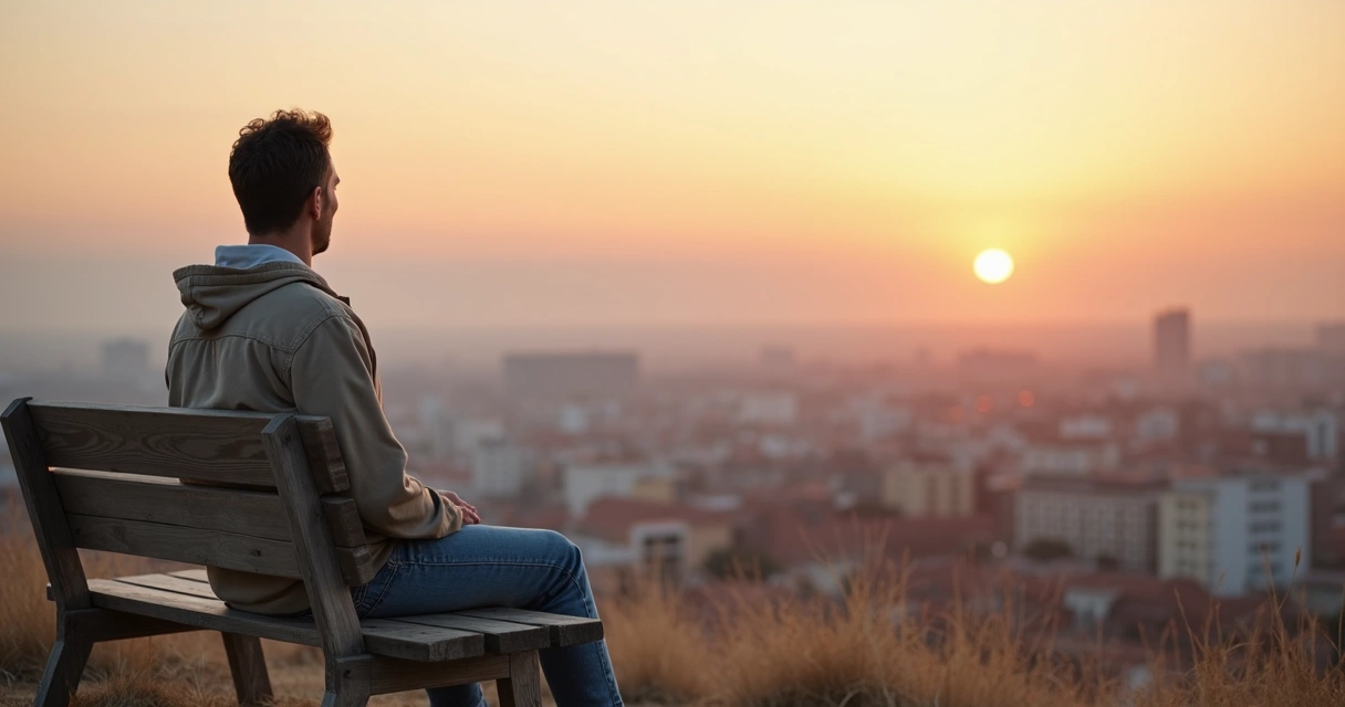 Pessoa sentada em silêncio olhando a paisagem com expressão serena 