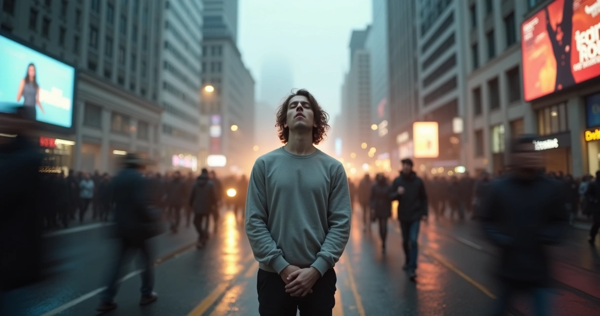 Pessoa serena de olhos fechados em pé no meio de uma cidade caótica 