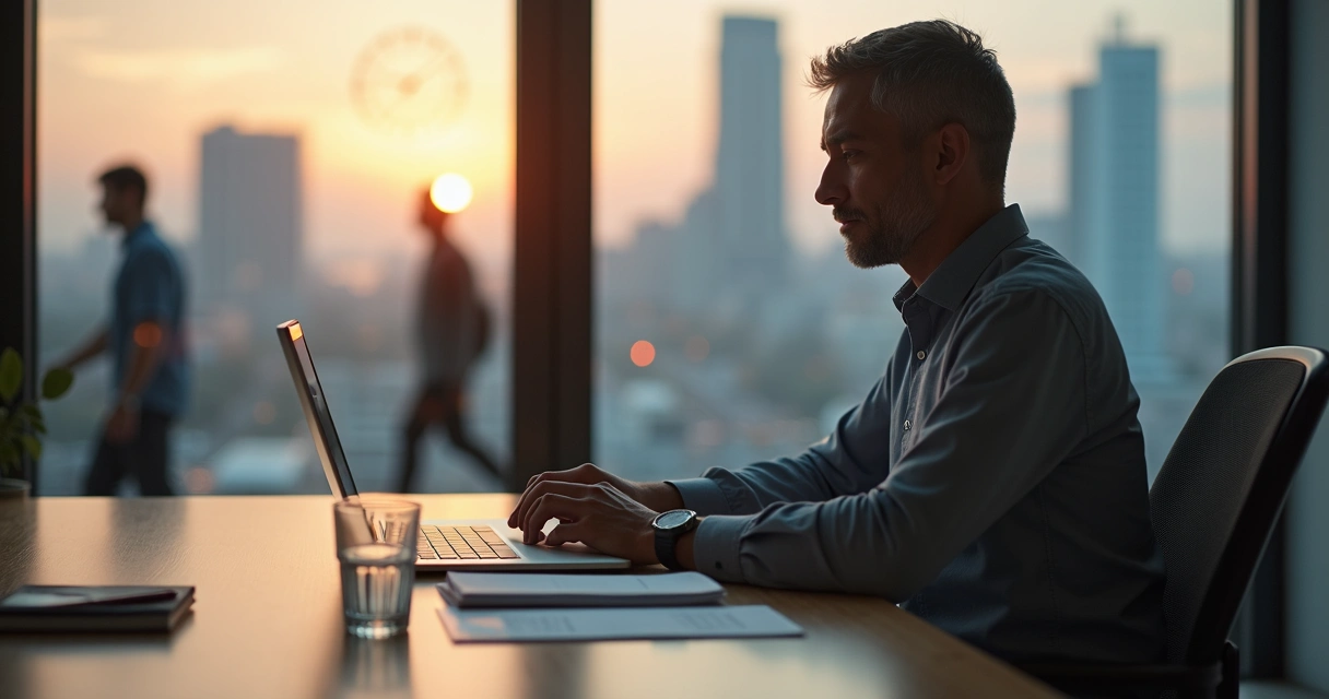 Pessoa sentada em postura firme mantendo a calma em meio a um ambiente agitado 