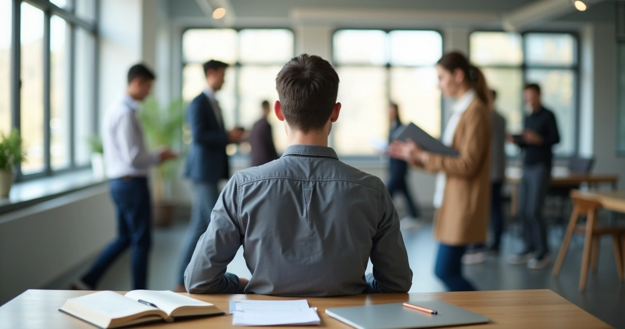 Pessoa sentada mantendo a calma em meio a um ambiente cheio de pressão ao redor 