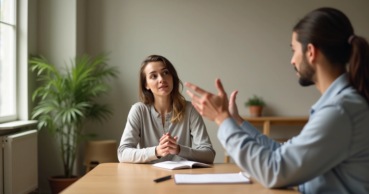 Pessoa sentada em frente a outra mantendo calma ao ouvir críticas 