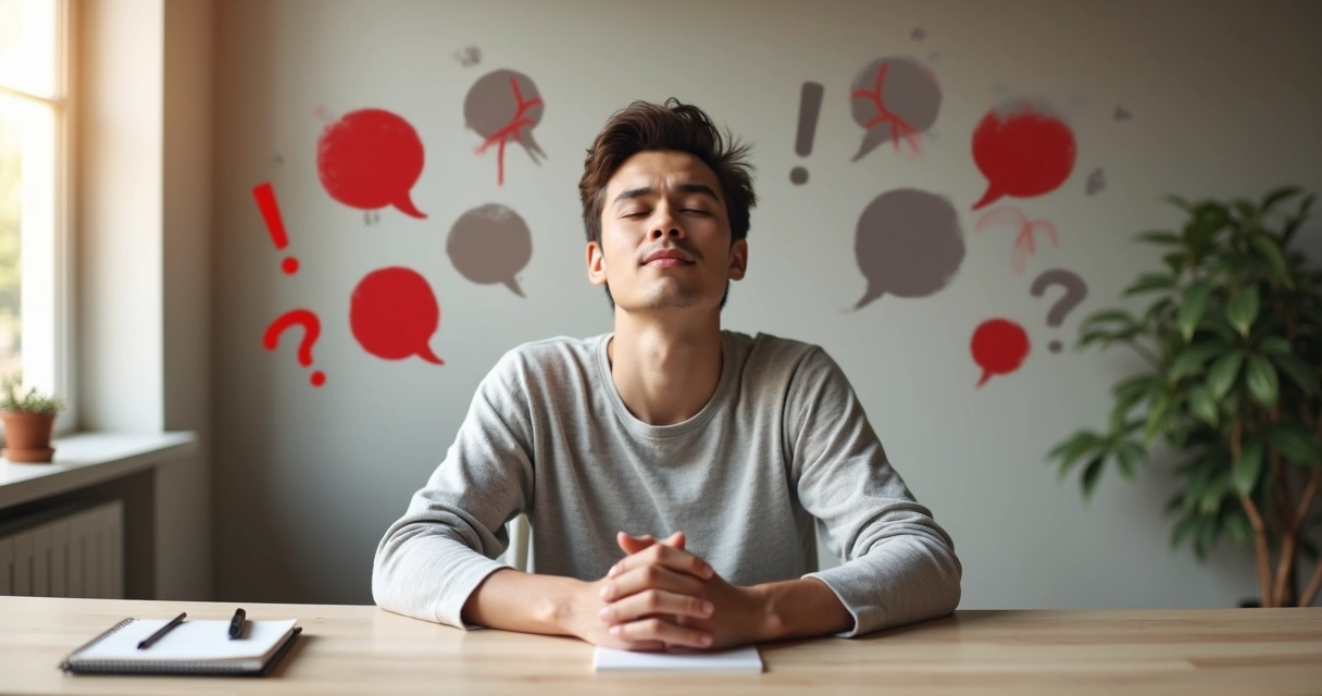 Pessoa sentada em paz enquanto comentários negativos passam ao redor 