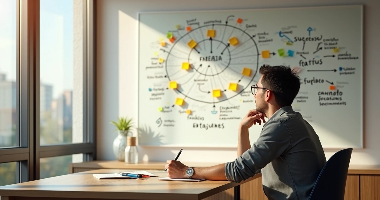 Pessoa analisando setas e palavras que representam crenças sociais em um quadro na parede 