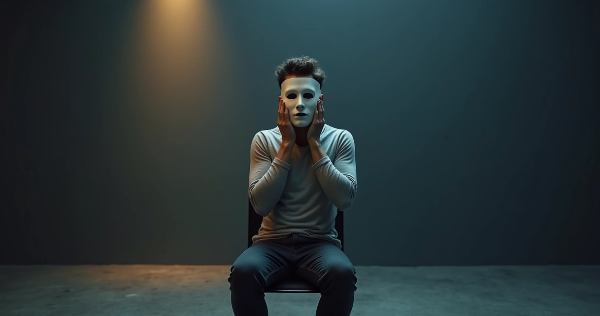 Pessoa tirando uma máscara em ambiente escuro com um feixe de luz 