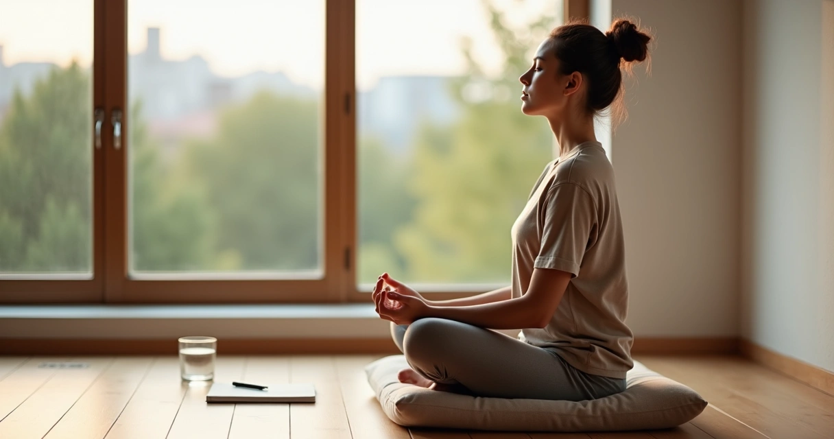 Pessoa sentada em posição de meditação olhando pela janela com expressão serena 