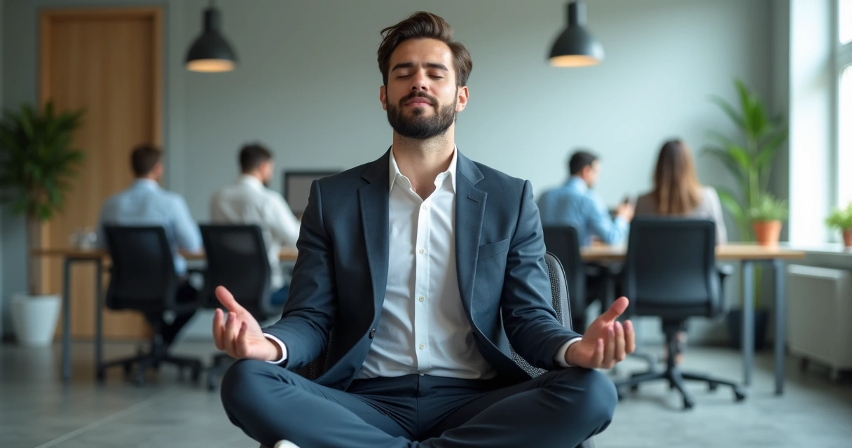 Homem sentado de olhos fechados, com roupas de escritório, meditando em ambiente corporativo 