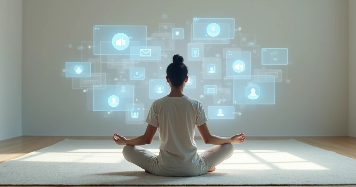 Pessoa sentada em posição de meditação cercada por elementos digitais