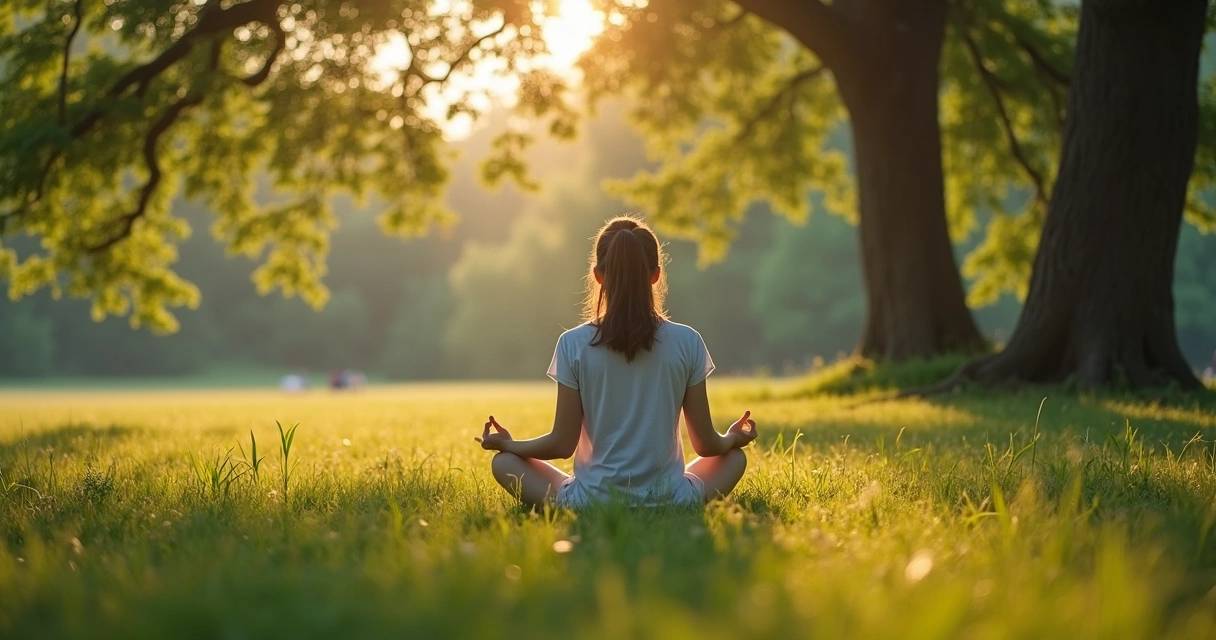 Pessoa sentada em posição de meditação em ambiente natural com árvore ao fundo